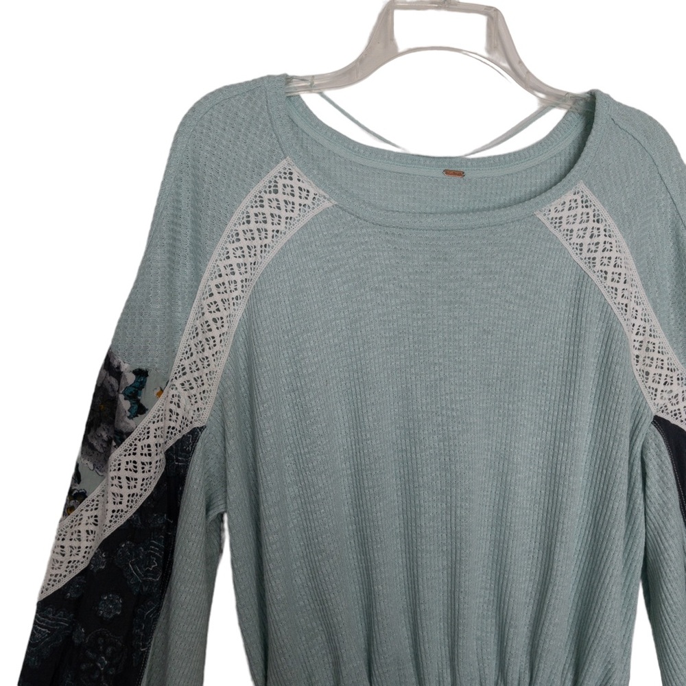 Free People Casual Clash Thermal Knit Tunic Top Mint Green Balloon Sleeve - Picture 7 of 12